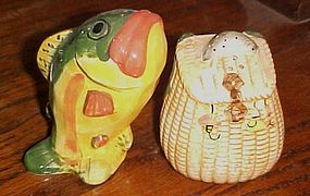 Big Bass fish and creel ceramic salt and pepper shakers