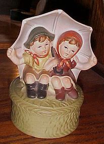 Vintage music box, boy and girl under umbrella