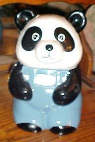 Ceramic Panda bear wearing overalls cookie jar by NAC 1985