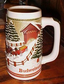 Budweiser Clydesdales beer mug stein snowy winter and covered bridge