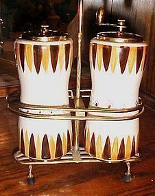 Large vintage 50's 60's Salt and pepper mill in  metal stand caddy