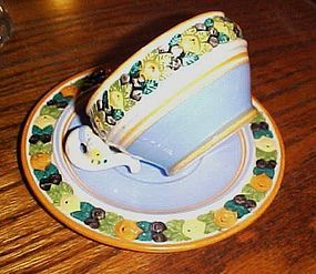 Hand painted Della Robbia majoloca pottery fruits cup and saucer Italy