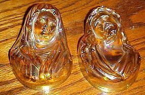 Marigold carnival glass wall plaqes Mary and Jesus