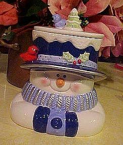 Houston Harvest Snowman cookie jar with birds on hat