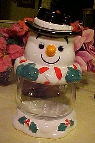 Large ceramic snowman cookie jar with glass tummy