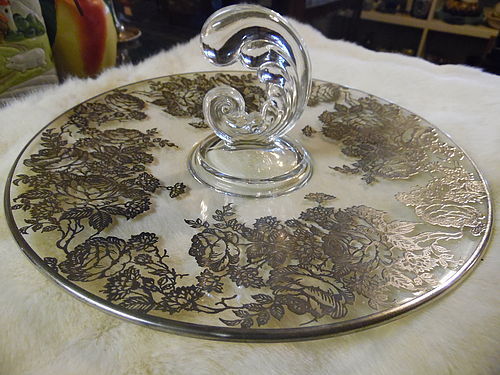 Fostoria Plume handled 11.5 server roses silver overlay decoration