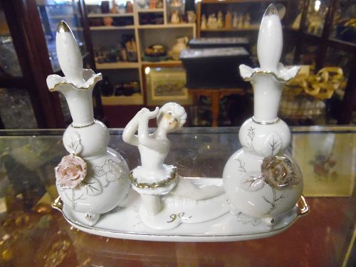 Lovely vintage Japan perfume bottle dresser set with ballerina & roses