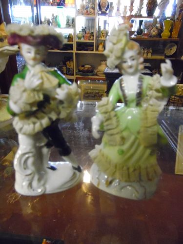 Vintage Wales Japan Victorian figurines with porcelain net lace 4.75"