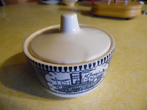 Royal China Blue Currier and Ives covered sugar bowl