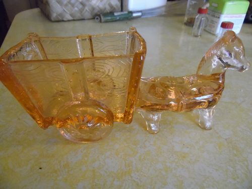 Large Vintage horse and cart pink glass candy container