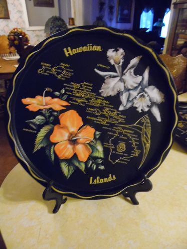 Vintage black metal souvenir tray plate Hawaiian Islands