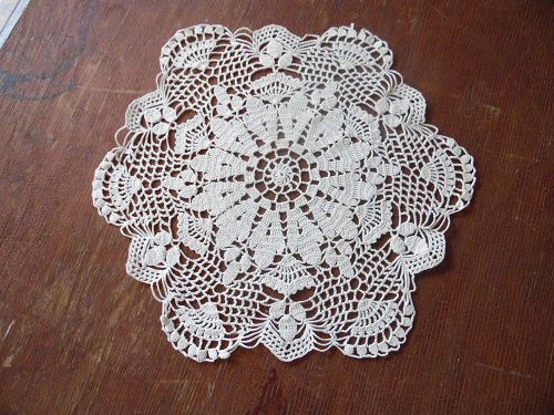 Vintage 12" hand crochet ecru doily acorns and fans