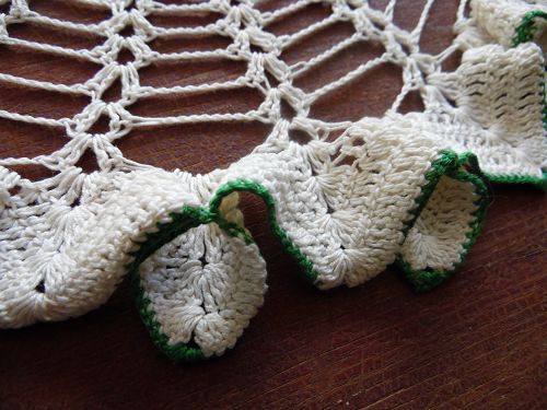 Vintage 12" round hand crocheted doily white with ruffle & green trim