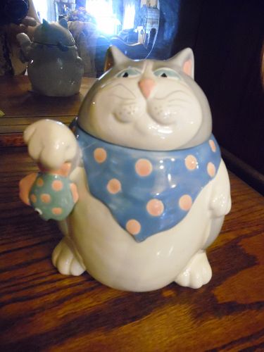 Fitz and Floyd Cat holding fish canister cookie jar 1987