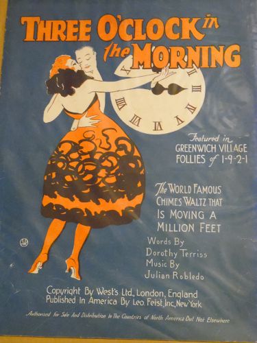 Vintage 1922 sheet music Three O'Clock in the Morning