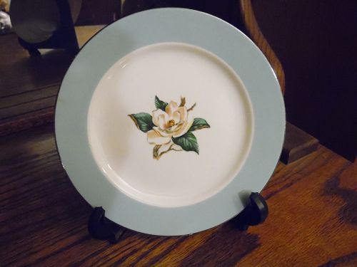 Lifetime bread butter plate turquoise border magnolia center 6.25"