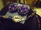 Trifari designer purple beaded necklace earrings bracelet set goldtone