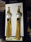 Napier gold tone pearl and tassel pierced earrings mint on card