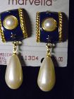 Vintage Marvella navy enamel  pierced earrings with large pearl drop