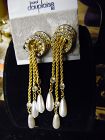 Vintage Dauplaise rhinestone and pearls drop dangle earrings