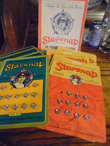 Original box of vintage Starsnap dress fasterner snaps on cards