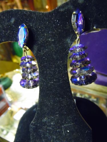 1960s Lewis Segal Earrings Vitrail Rivoli Glass Beads Tiered purple