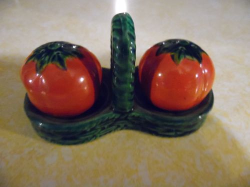 Antique ceramic  tomato salt and pepper set in green basket tray