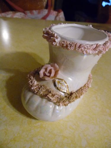 Vintage lustreware baby bootie vase with spaghetti trim