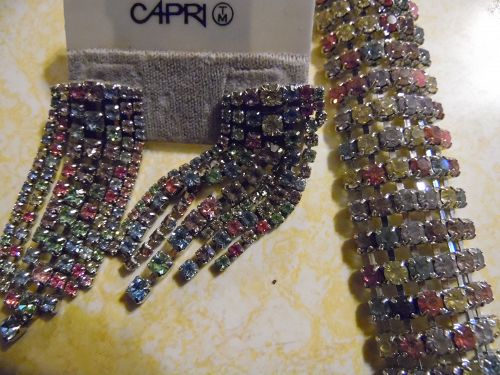 Multi pastel rhinestone bracelet with cascade pierced earrings