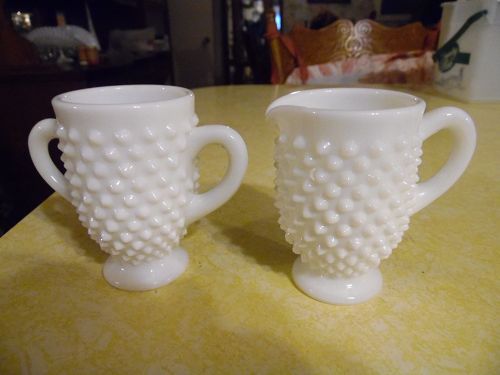 Fenton milk glass hobnail creamer and sugar set