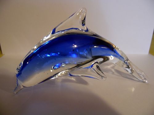 Hand blown clear and blue glass dolphin figurine paperweight 6"
