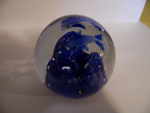 Dolphins and waves art glass bubble paperweight