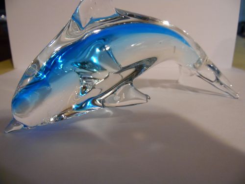 Blown art glass aqua and clear dolphin figurine paperweight