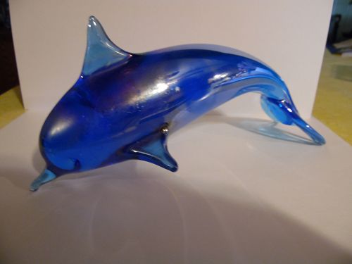 Blown art glass leaping dolphin blue irridized carnival glass 8"