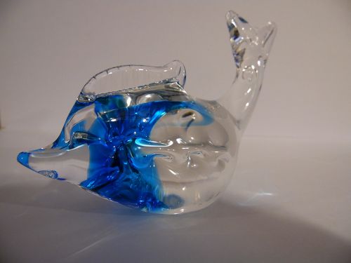 Hand blown art glass dolphin turquoise and clear figurine  paperweight