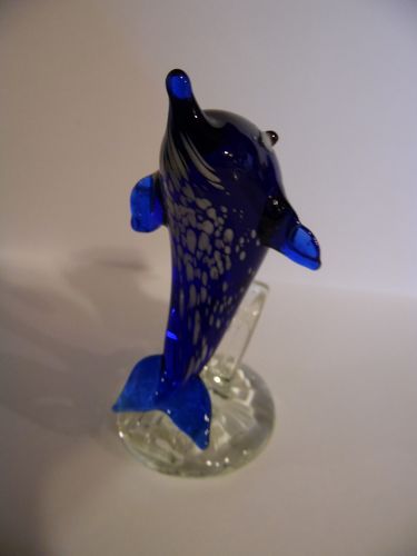 Cobalt blue white spatter art glass dolphin on wave figurine