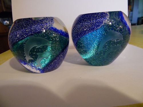 Lenox Caithness Scotland art glass dolphins and waves candle holders