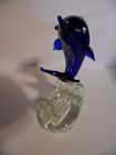 Blown art glass cobalt dolphin on wave figurine spatter belly