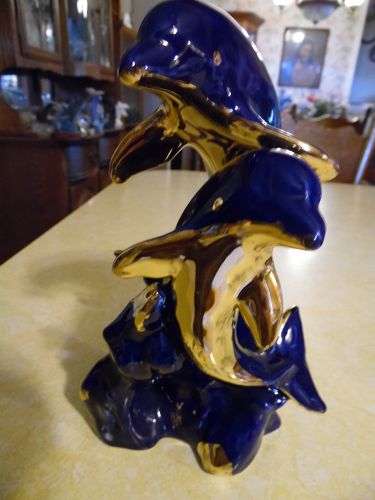 Cobalt blue and shiny gold ceramic dolphins figurine Hawaii