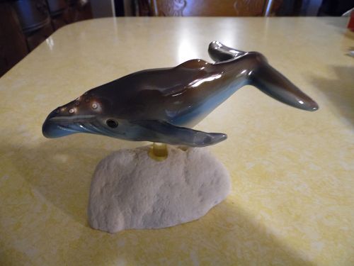 Vintage Humpback whale ceramic figurine on sandstone base