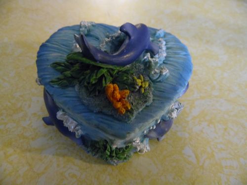 Heart shape dolphin trinket box hand painted resin