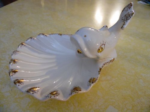 Vintage white and gold ceramic whale soap dish, ashtray very cute