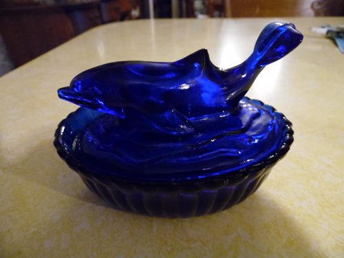 Cobalt blue dolphin covered dish