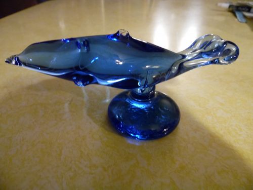 Hand blown blue glass dolphin