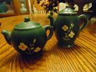 Vintage 1960s Germany Green Teapot Salt & Pepper Shakers Hand Painted