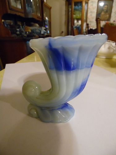 Akro Agate blue and white slag cornucopia toothpick holder 3.25"