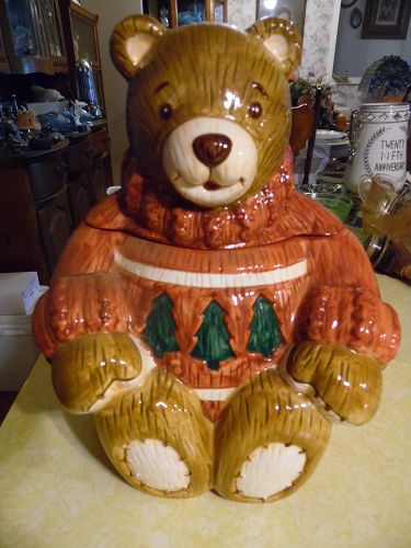 Ceramic Teddy Bear wearing sweater cookie jar by The Cellar