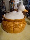 Vintage white duck on a feed sack cookie jar