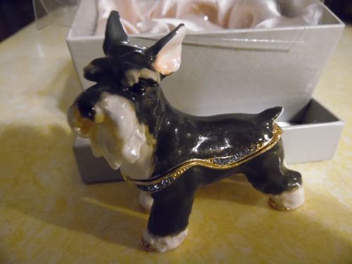 Black and white schnauzer dog enameled  jeweled trinket box