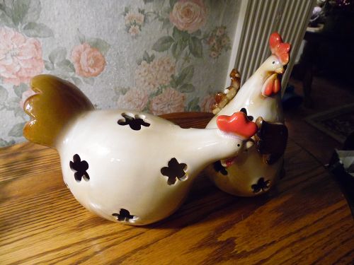 Pair large pottery chickens tea light holders